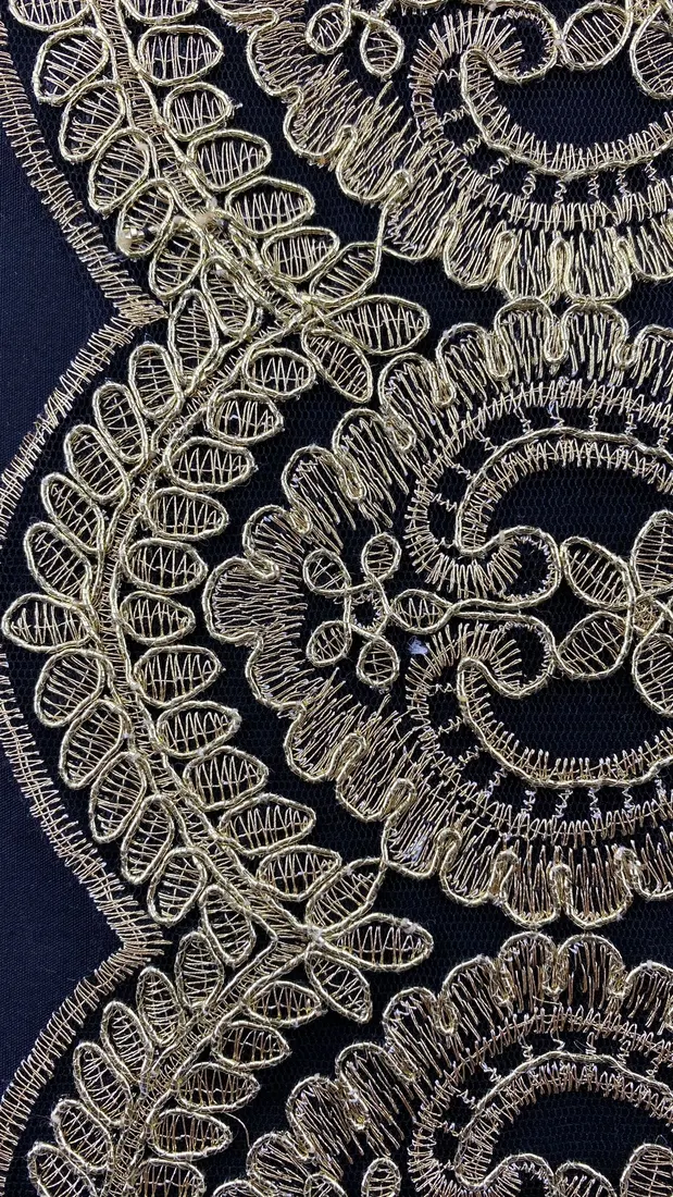 Siyah Tül Üzeri Gold Kordeneli İthal Brode Bant, 16 cm