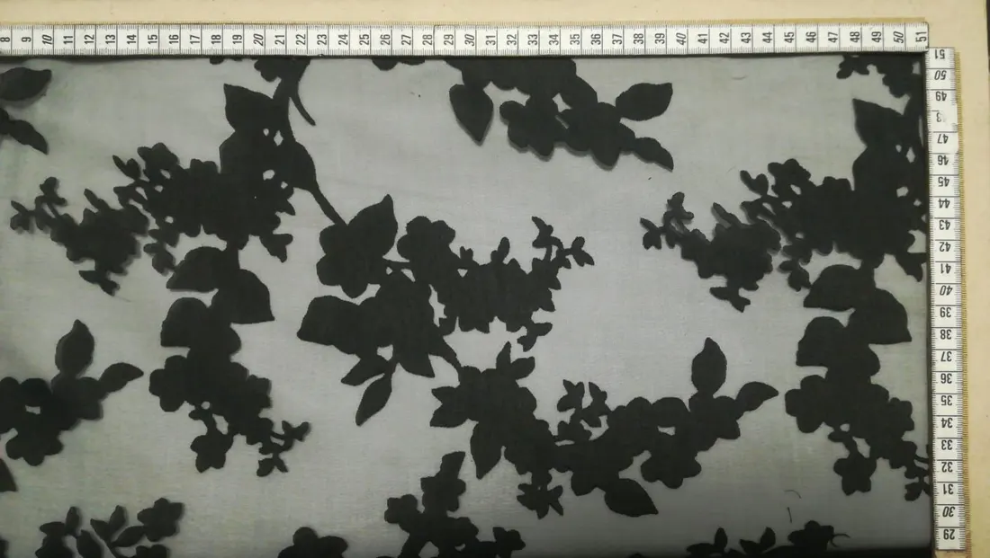 Siyah Devore Nakış İthal Organze Kumaş, 150 cm
