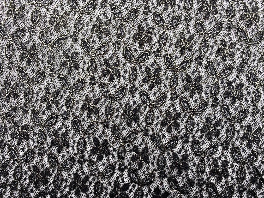 Siyah-Gold Varaklı Naylon Dantel Kumaş, 140 cm